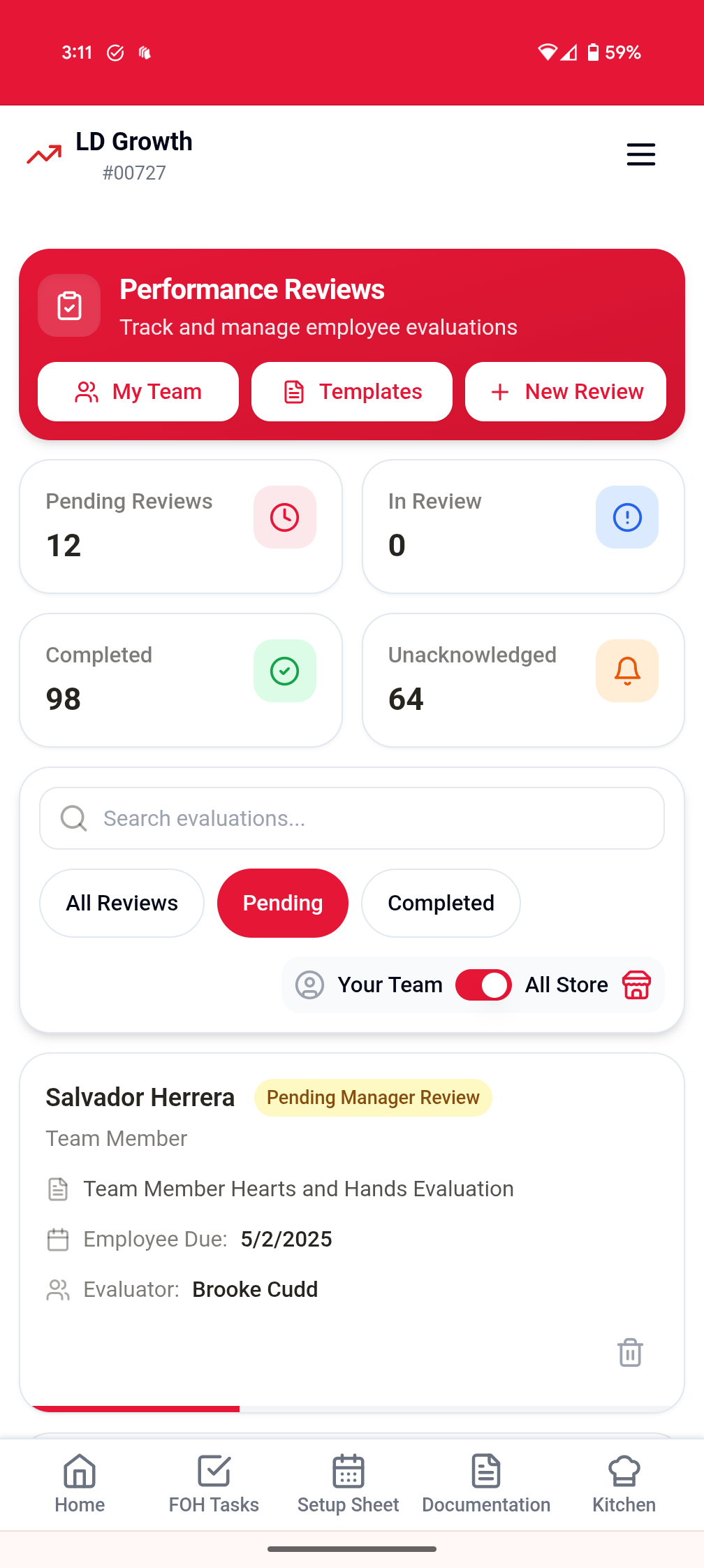 Mobile app showing performance reviews dashboard with evaluation interface