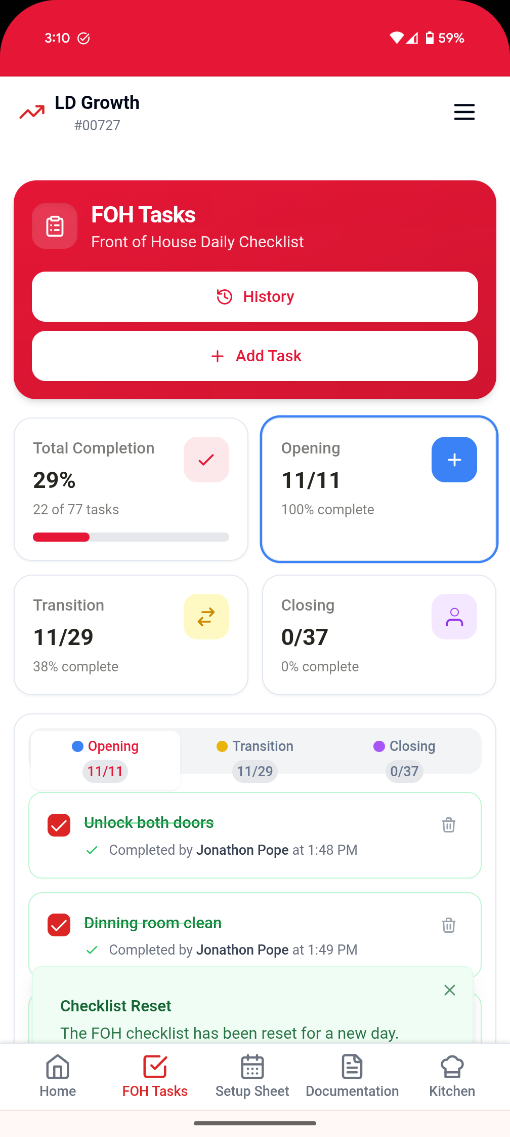 Front of house task management and team coordination interface