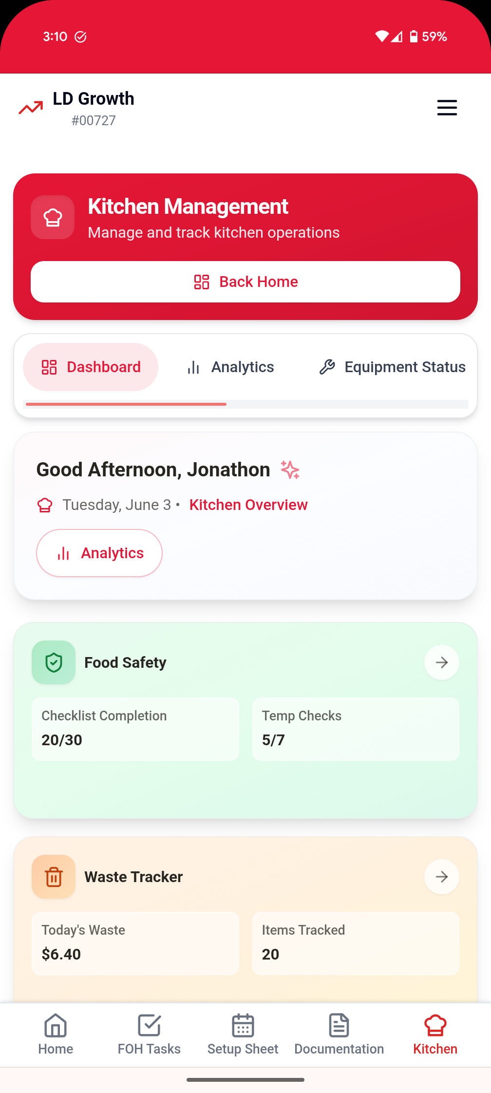 Kitchen management dashboard showing food safety checklists and waste tracking