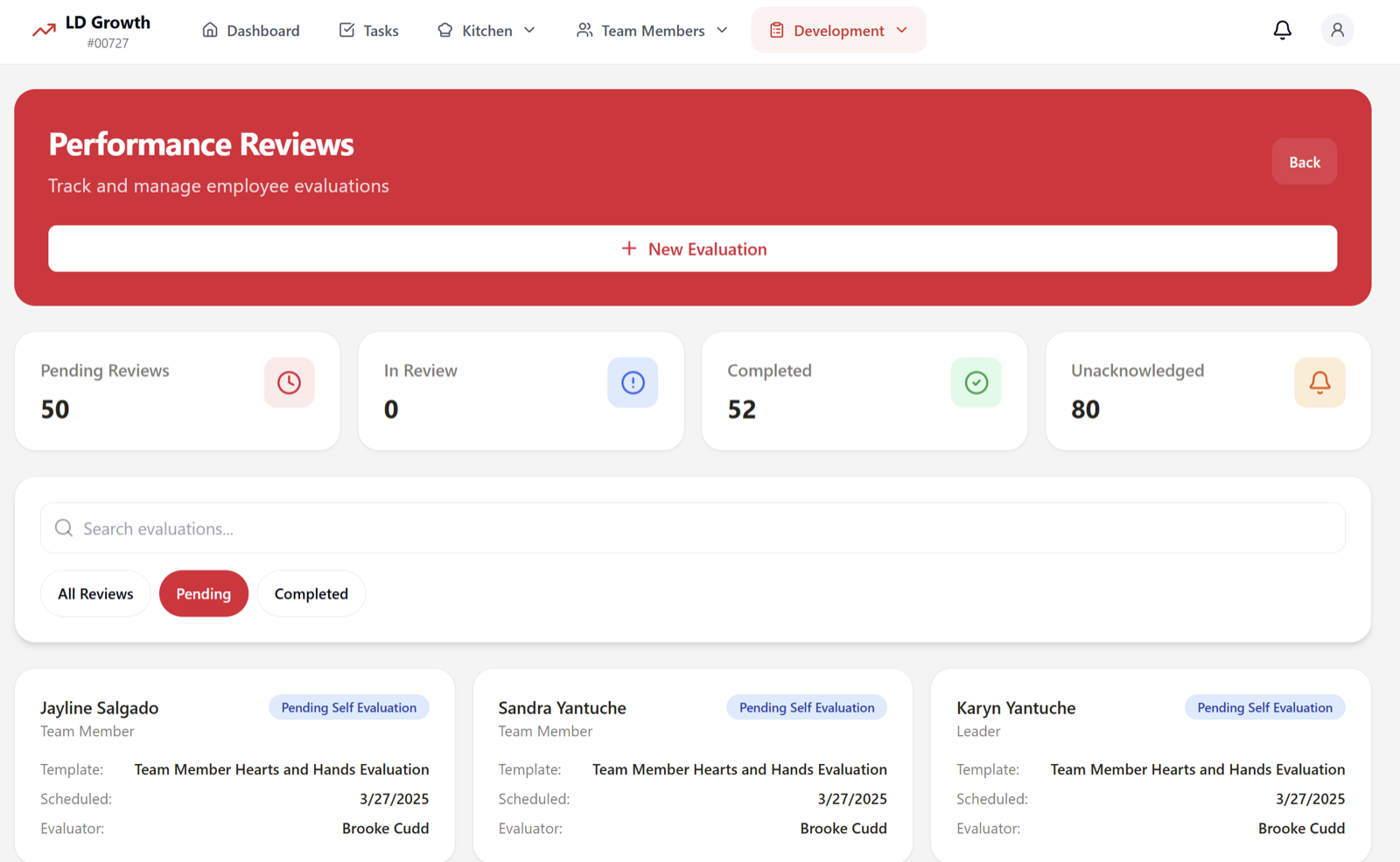 LD Growth performance reviews list with pending, in-review, and completed evaluations