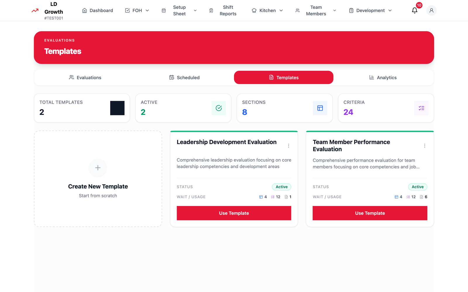 Evaluation templates with sections and criteria counts