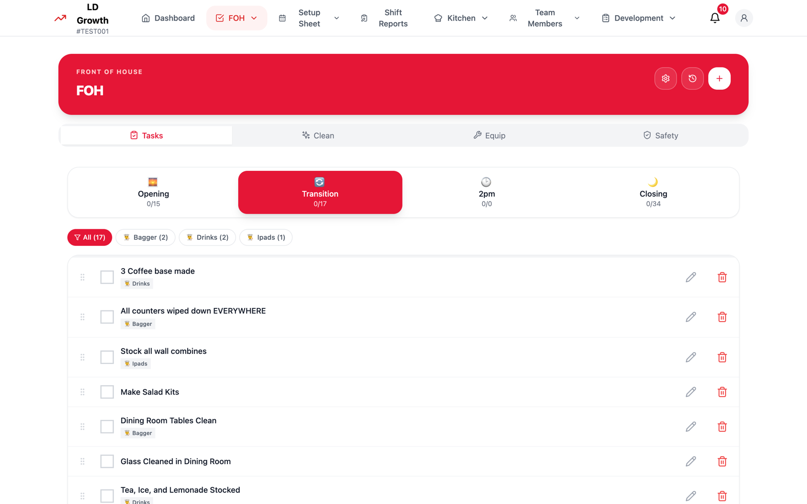 Front of house task list by shift with opening, transition, and closing tabs