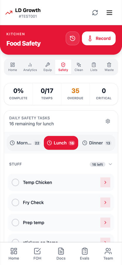 Food safety checklist on a phone with temperature checks by day part