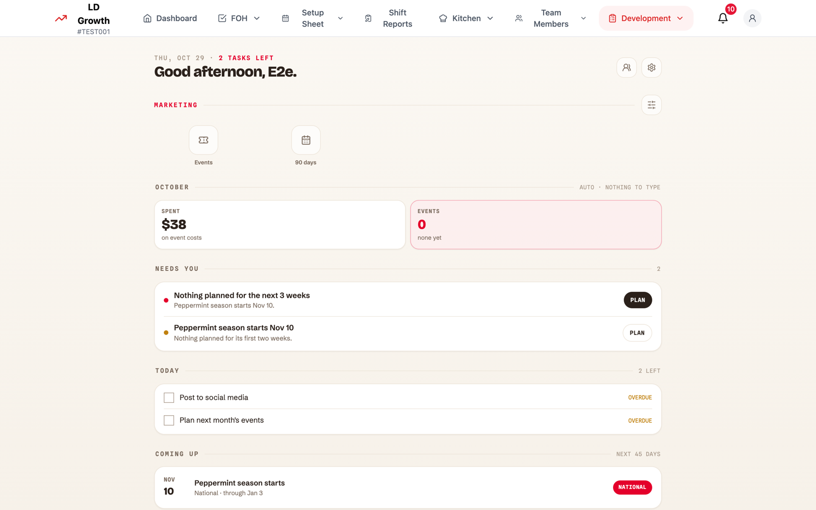 A leader's area dashboard showing their owned area, tasks, and upcoming events