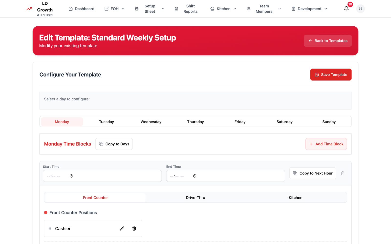 Setup sheet template editor with time blocks per day and positions