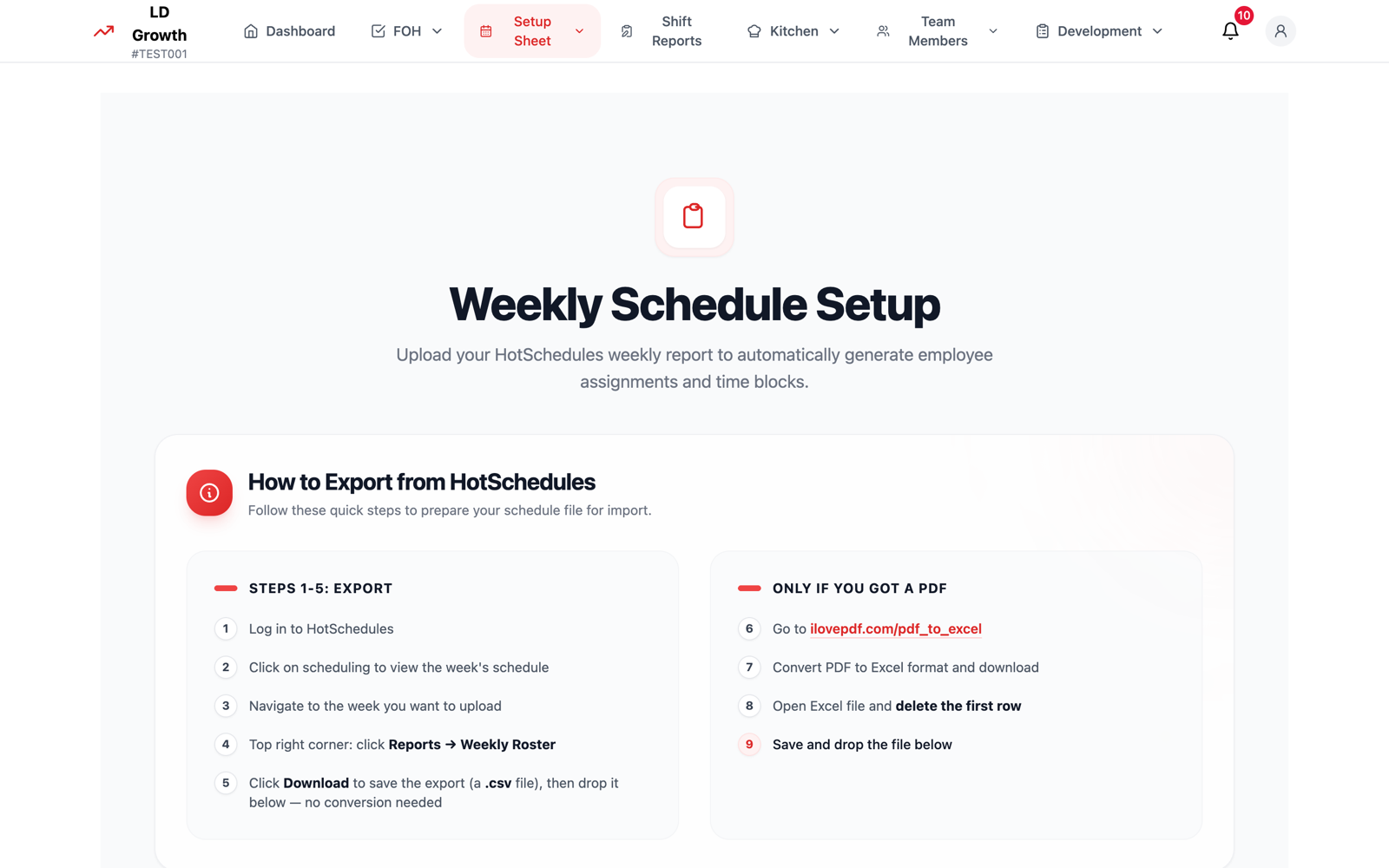 Weekly schedule upload screen with HotSchedules export steps