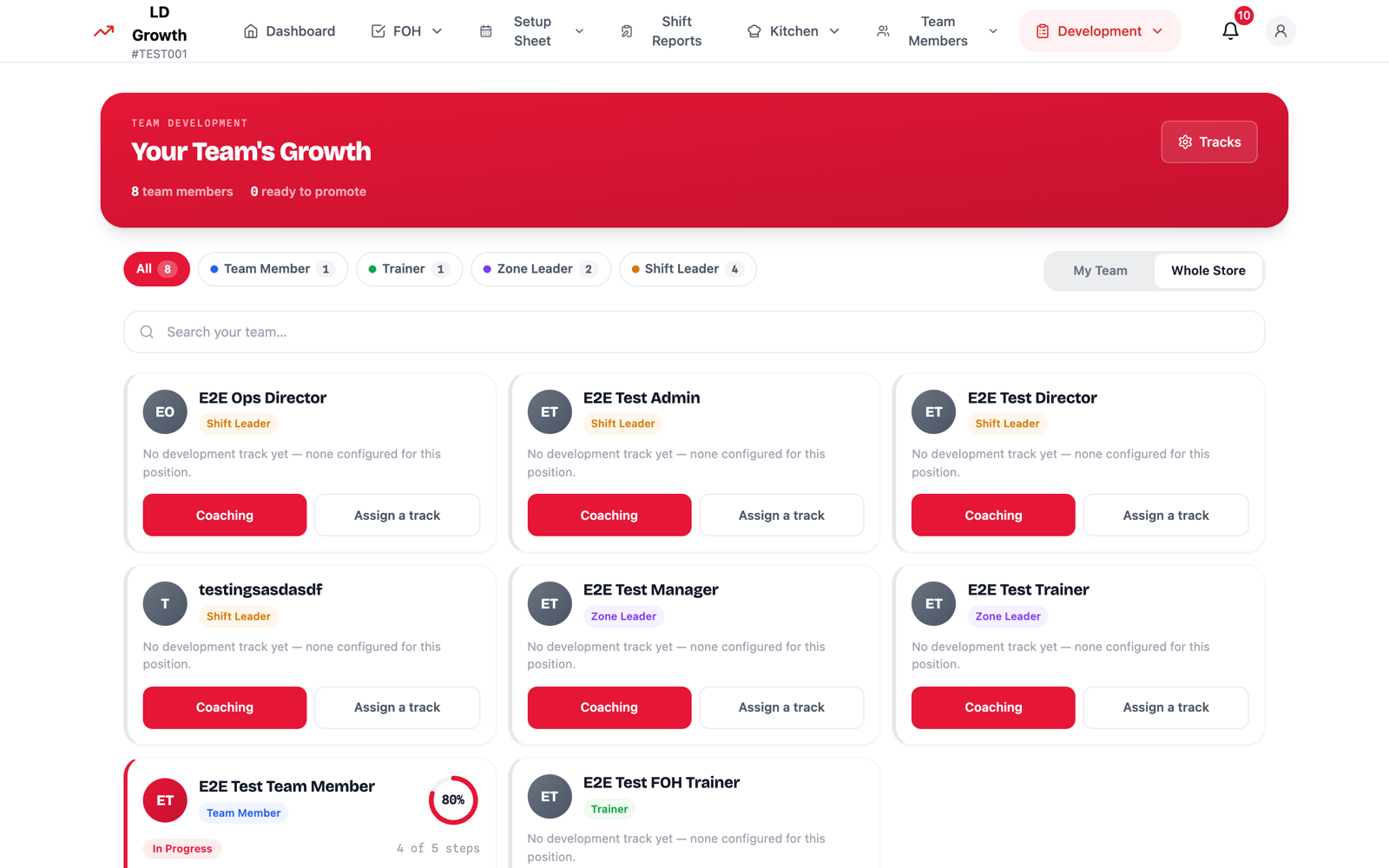 Team development overview with each team member on a development track